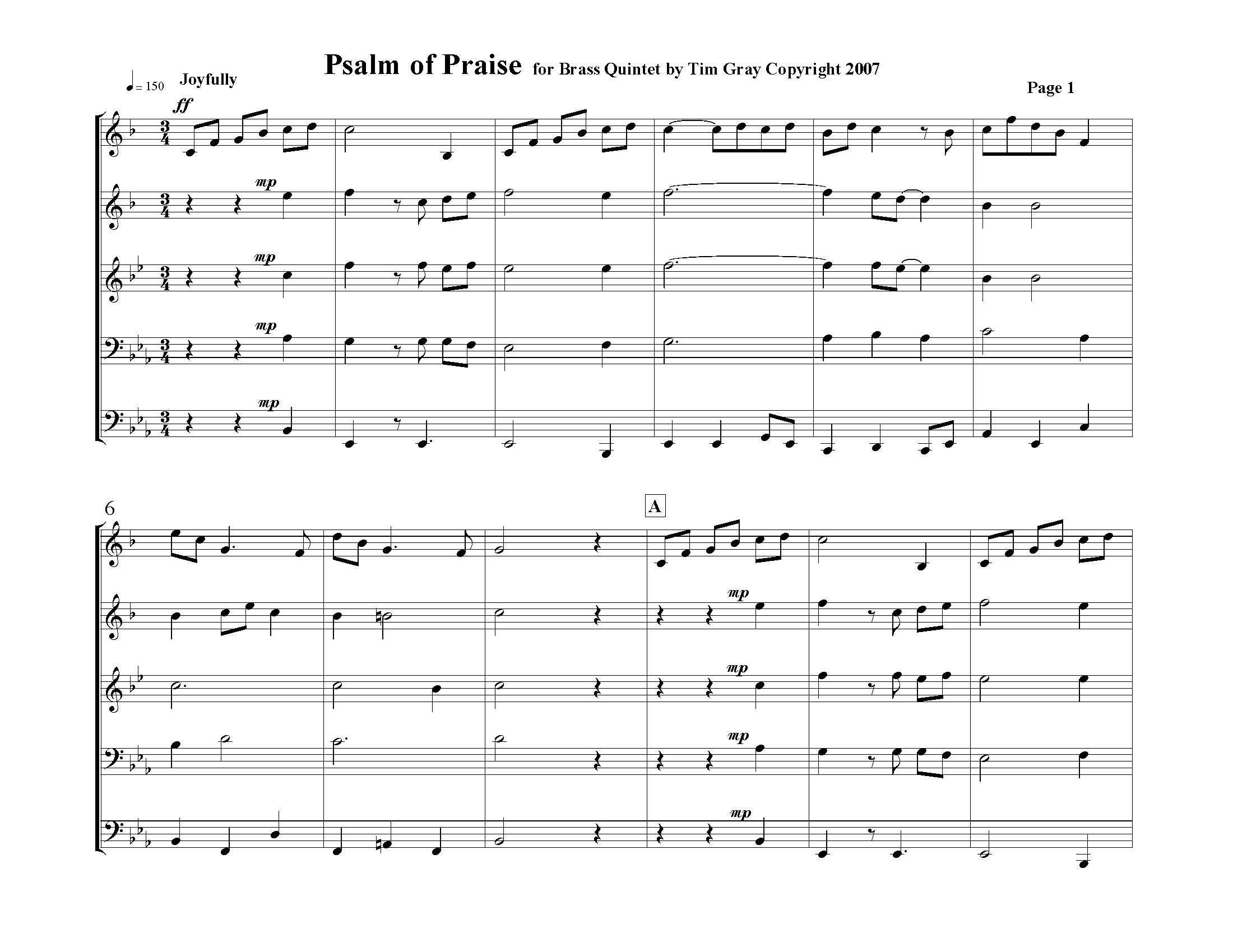 Psalm of Praise Brass Quintet sample page 1 on HonoringGodMusic.com