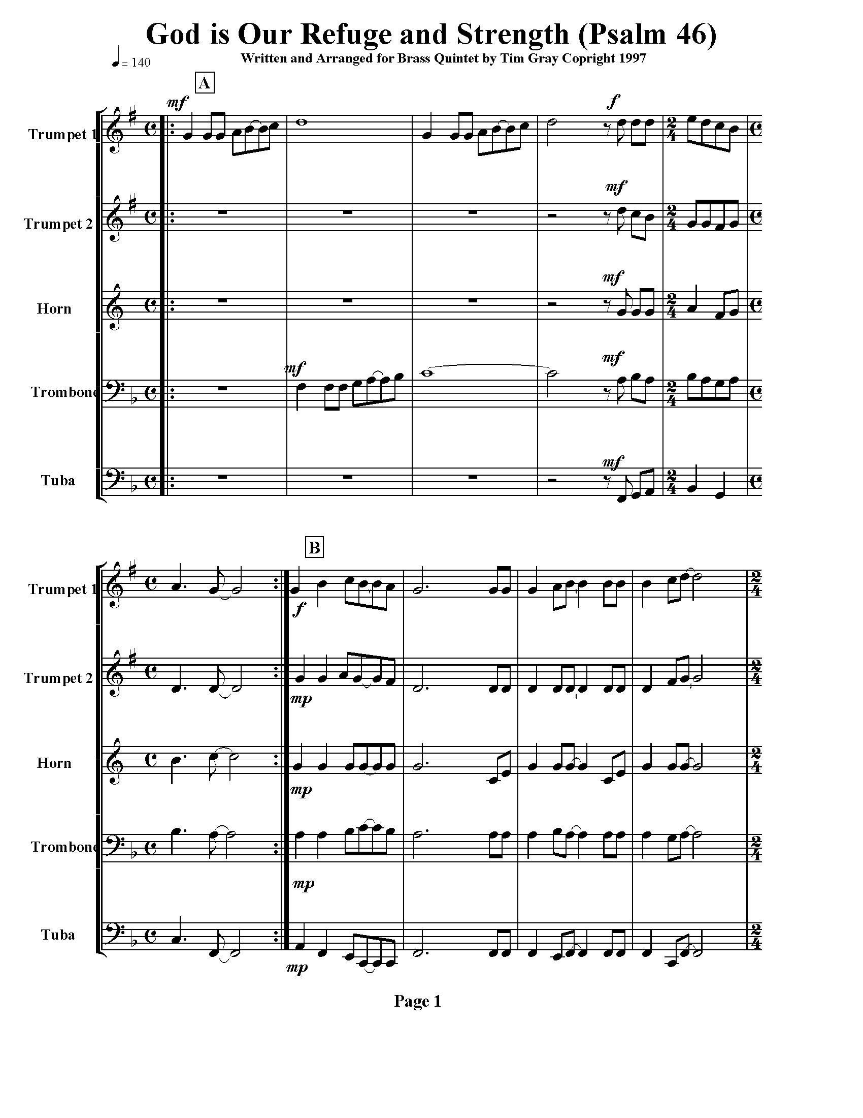 God is Our Refuge - Psalm 46 for Brass Quintet sample page at HonoringGodMusic.com