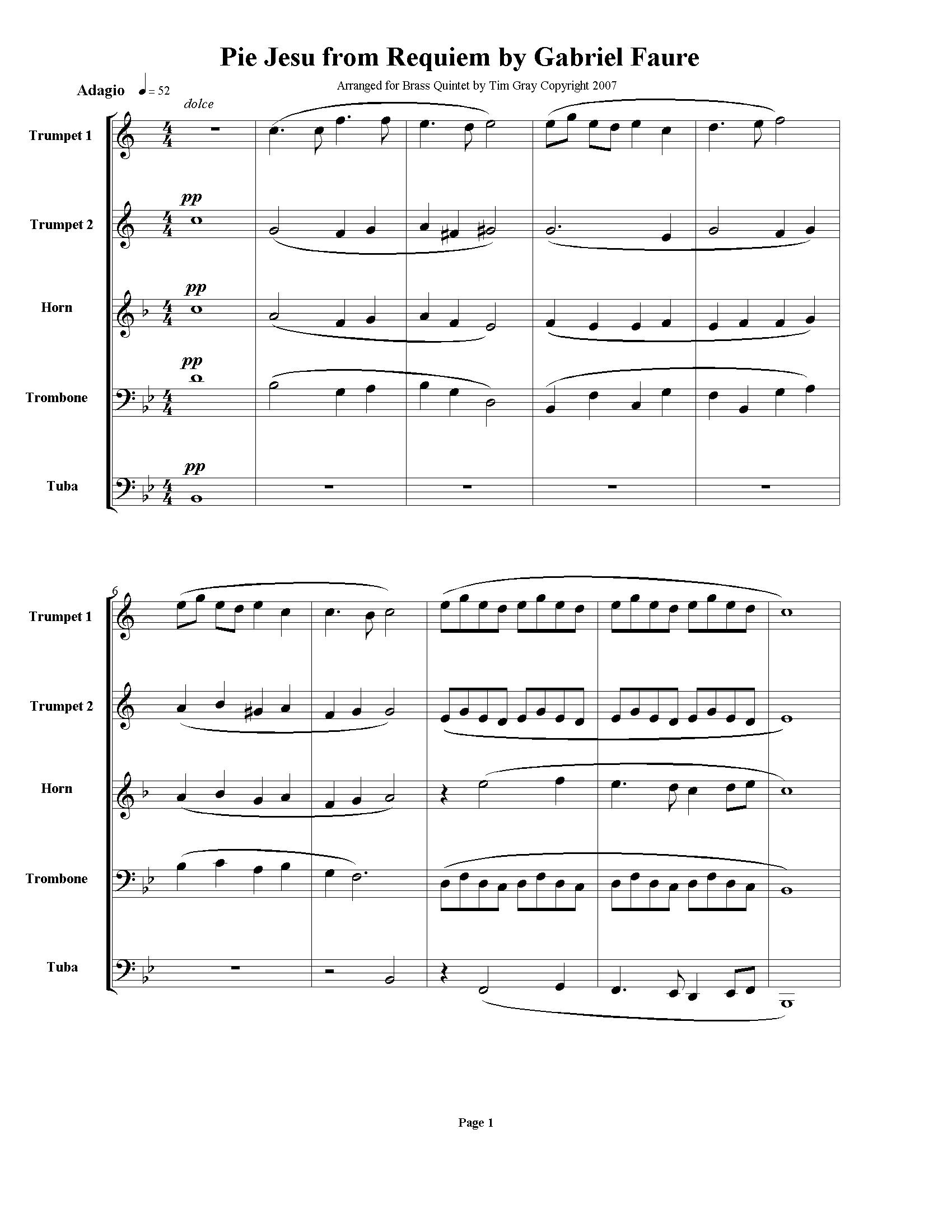 Pie Jesus Brass Quintet sample page at HonoringGodMusic.com