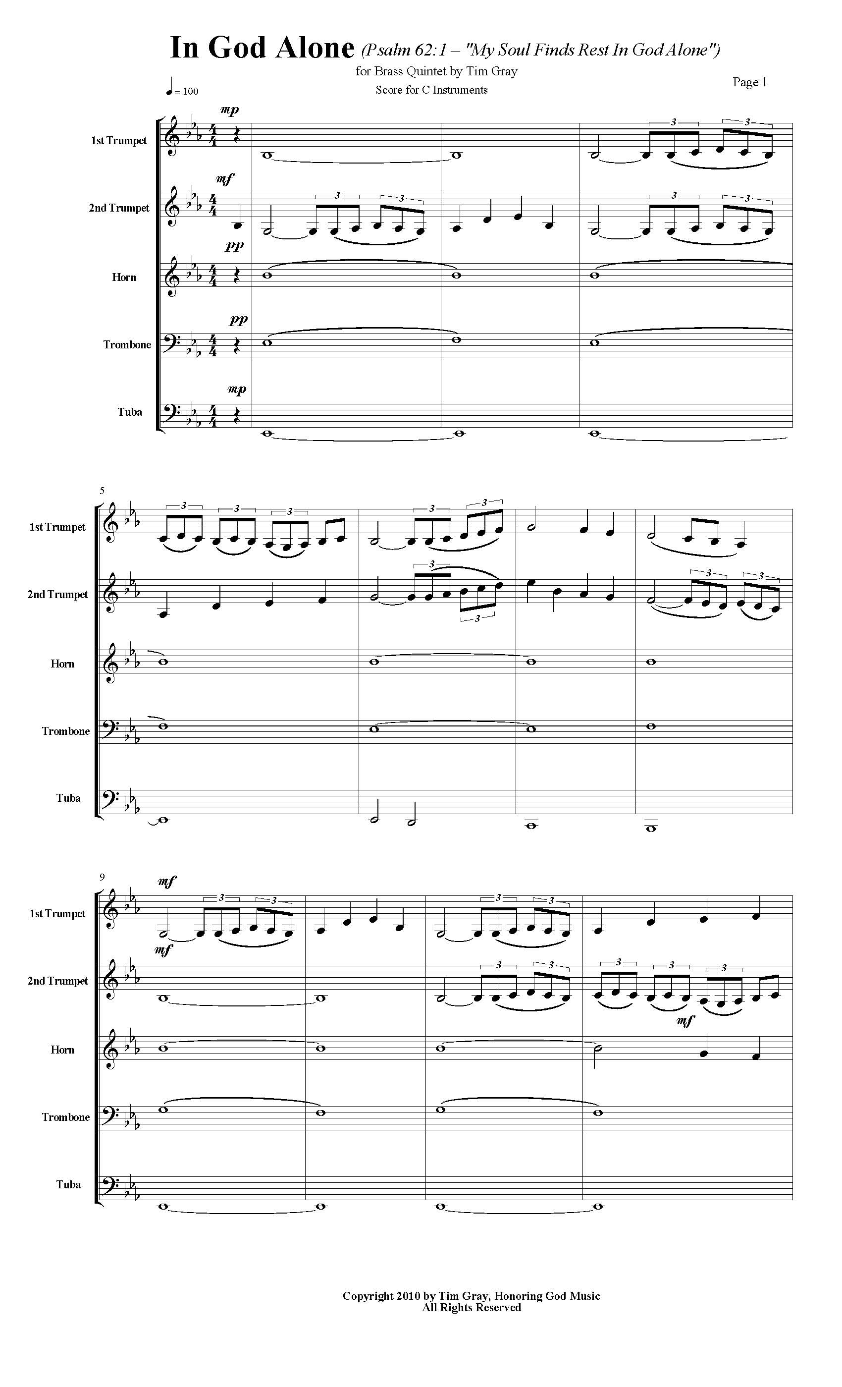 In God Alone - Psalm 62 Brass Quintet by Tim Gray sample page 1 at HonoringGodMusic.com