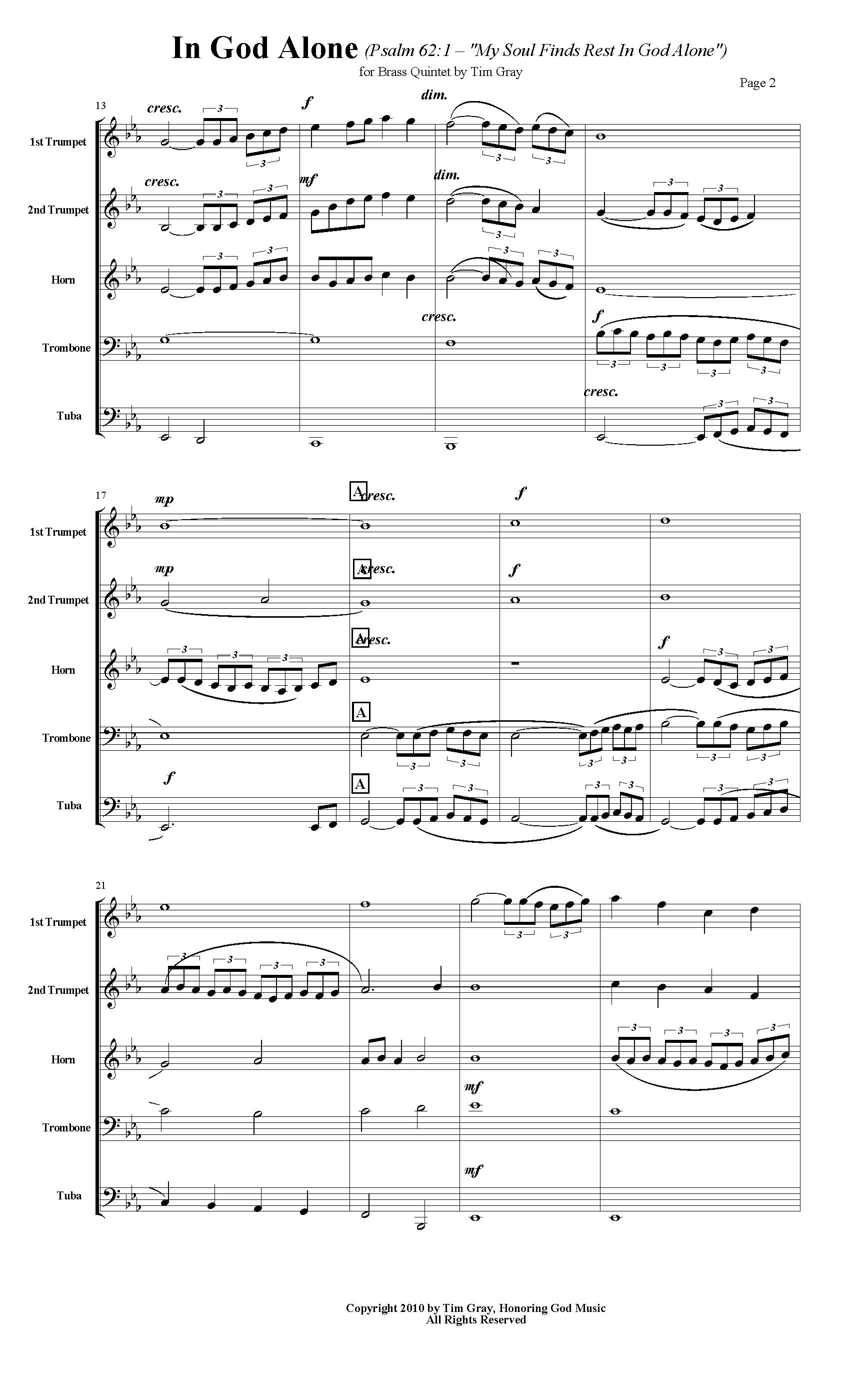 In God Alone - Psalm 62 Brass Quintet by Tim Gray sample page 2 at HonoringGodMusic.com