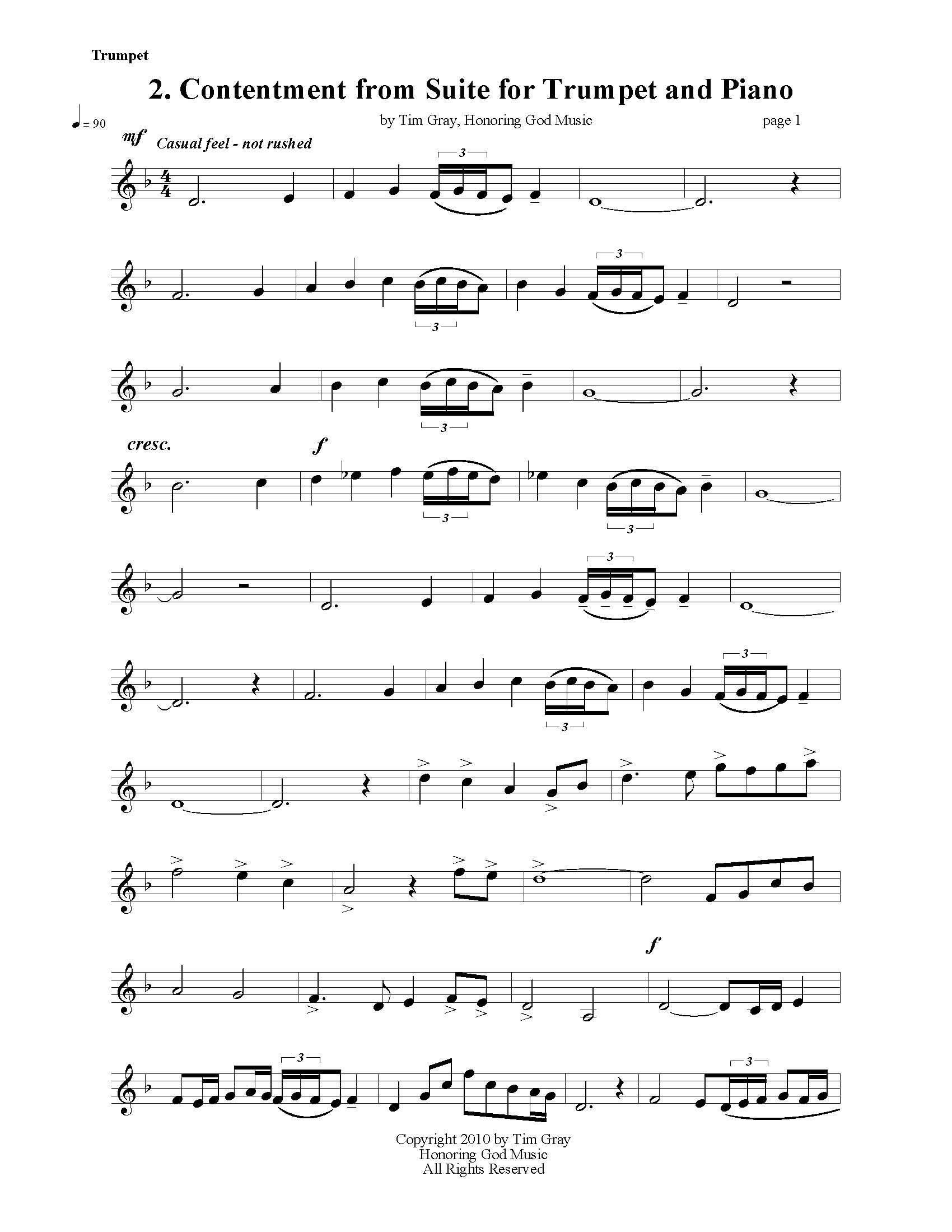 Contentment from Suite for Trumpet and Piano by Tim Gray sample page at HonoringGodMusic.com